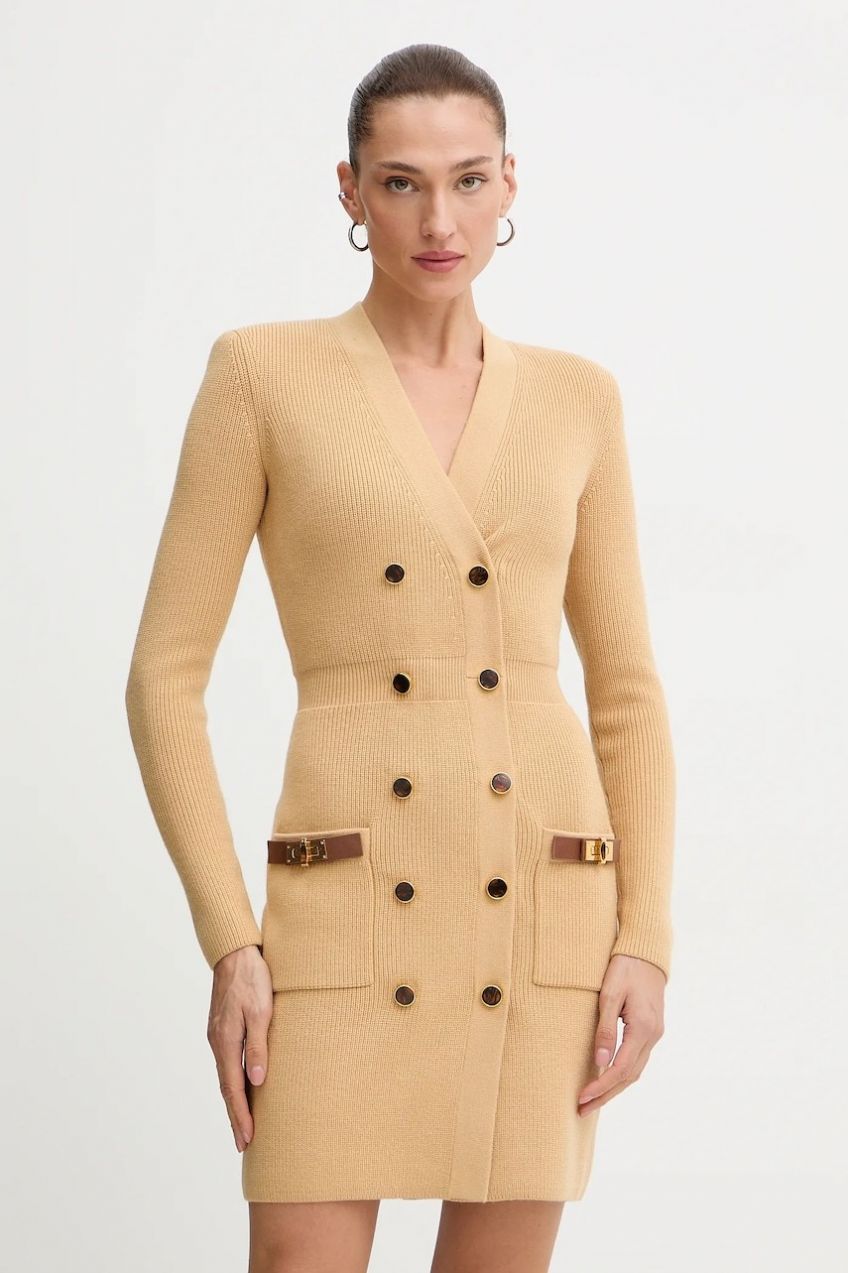 Šaty s prímesou vlny Elisabetta Franchi béžová farba, mini, priliehavé, AM04S56E2