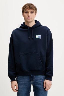 Bavlnená mikina Tommy Jeans tmavomodrá farba, s kapucňou, s potlačou, DM0DM22379