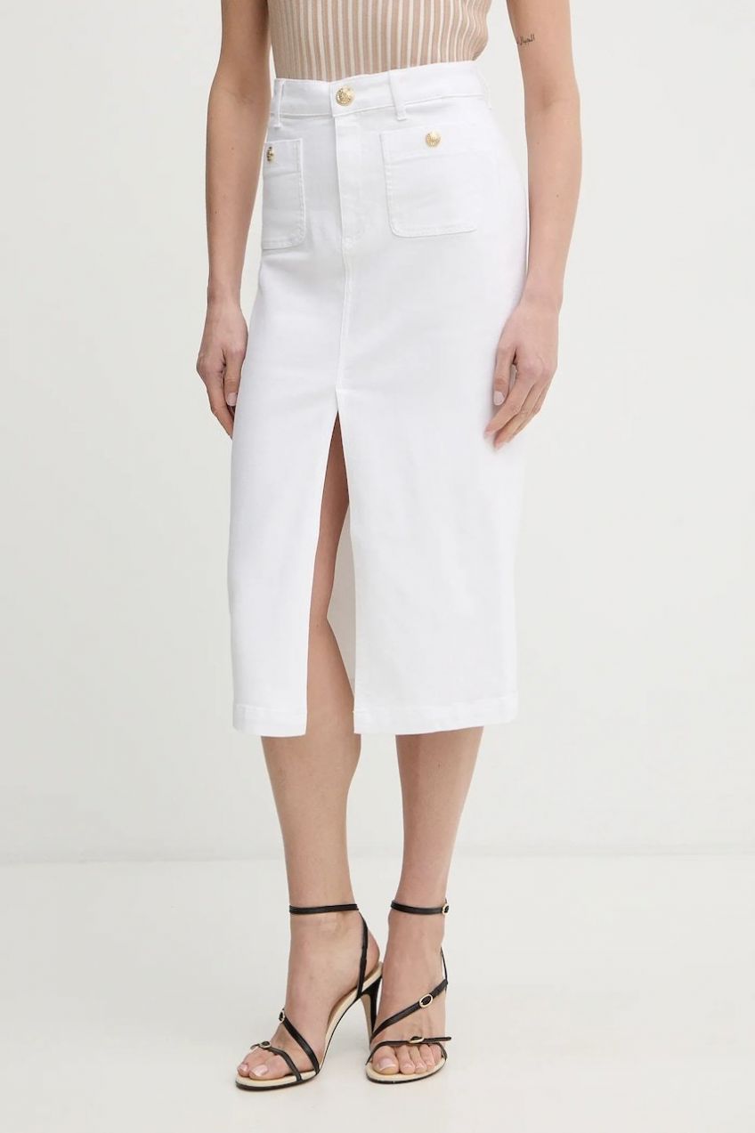 Rifľová sukňa Liu Jo biela farba, midi, rovný strih, UA6259 D0275