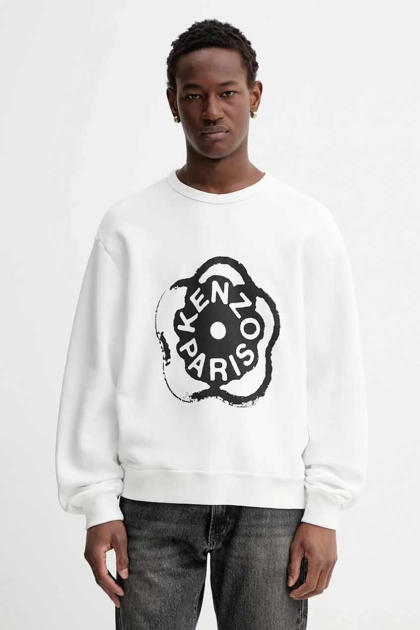 Bavlnená mikina Kenzo biela farba, s potlačou, FG55SW5094MJ