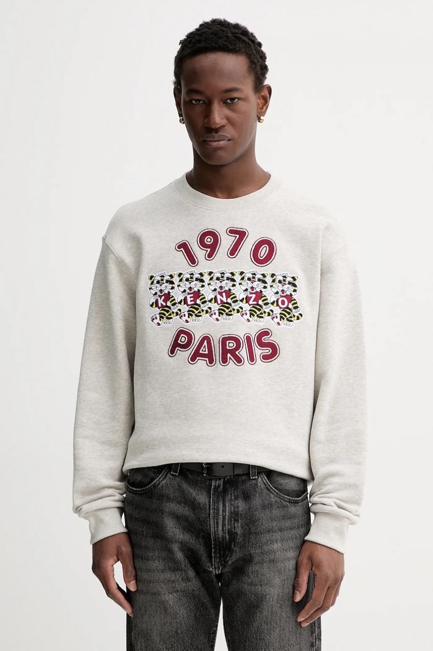 Bavlnená mikina Kenzo šedá farba, s nášivkou, FG55SW2064MJ