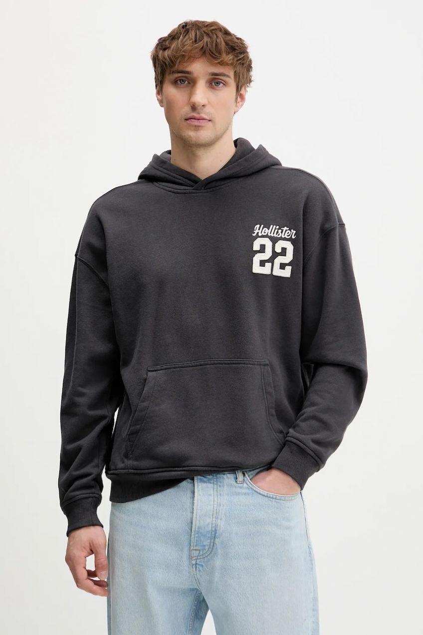 Mikina Hollister Co. šedá farba, s kapucňou, s nášivkou, KI322-5388-901