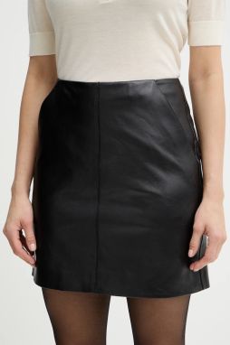 Kožená sukňa BOSS Seby čierna farba, mini, rovný strih, 50552202