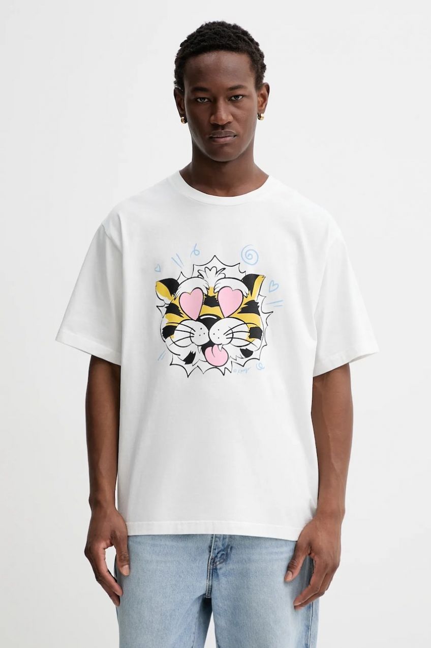 Bavlnené tričko Kenzo pánske, biela farba, s potlačou, FG55TS4034SG