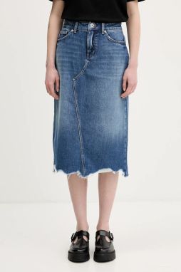 Rifľová sukňa Hugo Blue Gadele_B modrá farba, midi, rovný strih, 50553062