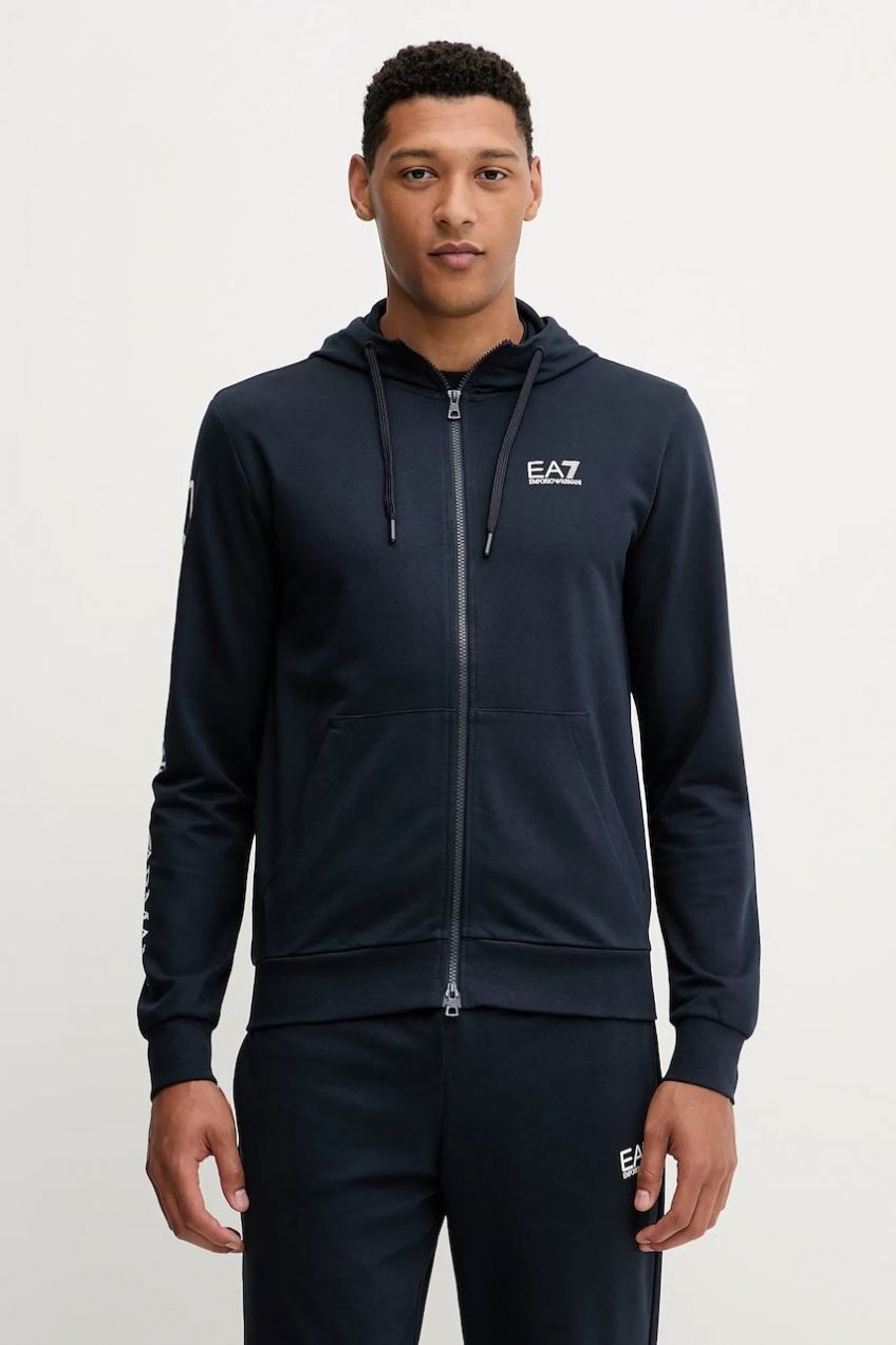 Bavlnená mikina EA7 Emporio Armani čierna farba, s kapucňou, s potlačou, AF13512.7M000568