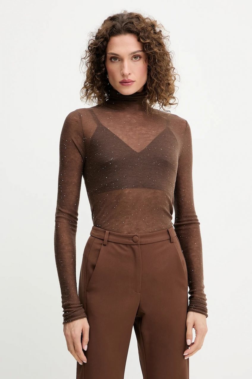 Sveter Pinko hnedá farba, ľahký, s polorolákom, 105821 A2PM