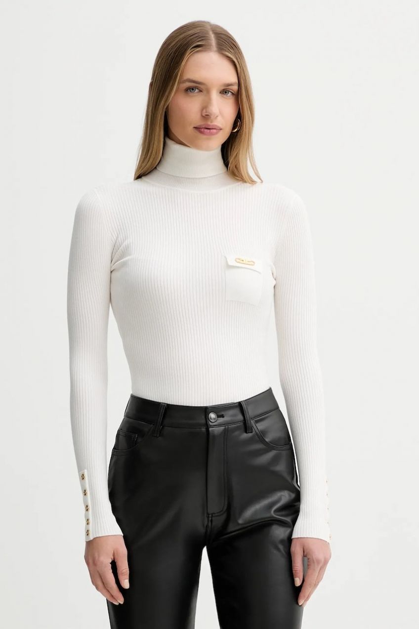 Sveter s prímesou hodvábu Elisabetta Franchi béžová farba, ľahký, s rolákom, MK11B56E2