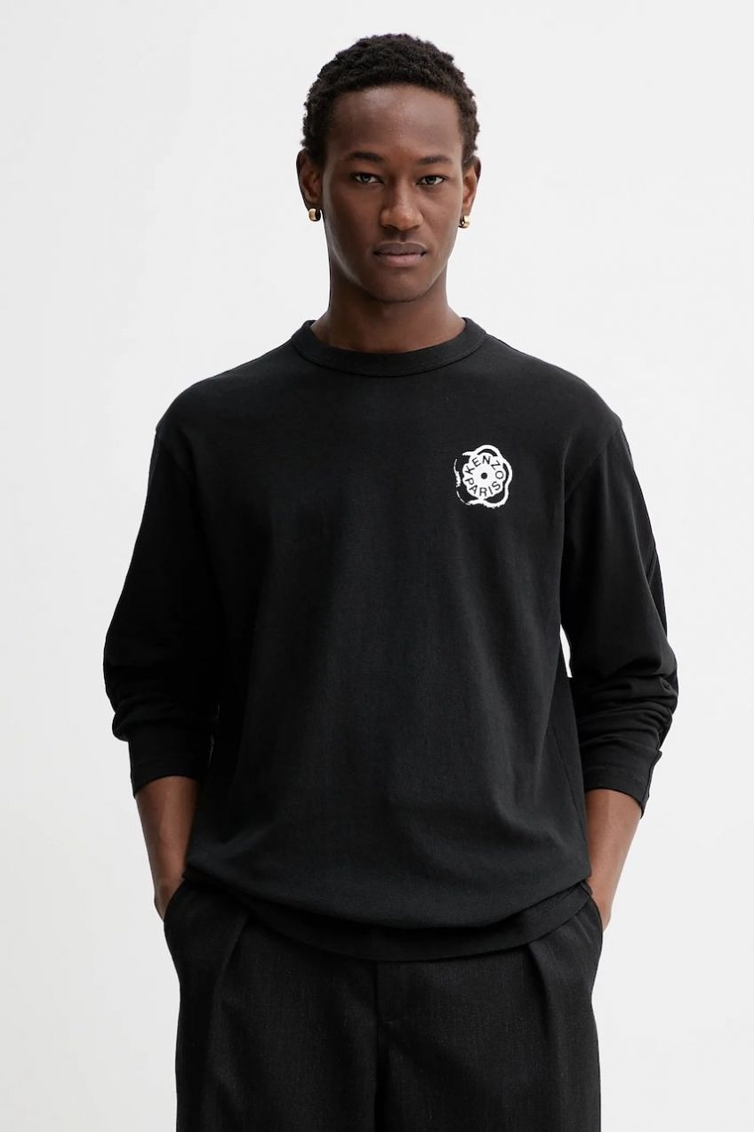 Bavlnené tričko s dlhým rukávom Kenzo čierna farba, s potlačou, FG55TL3024SK