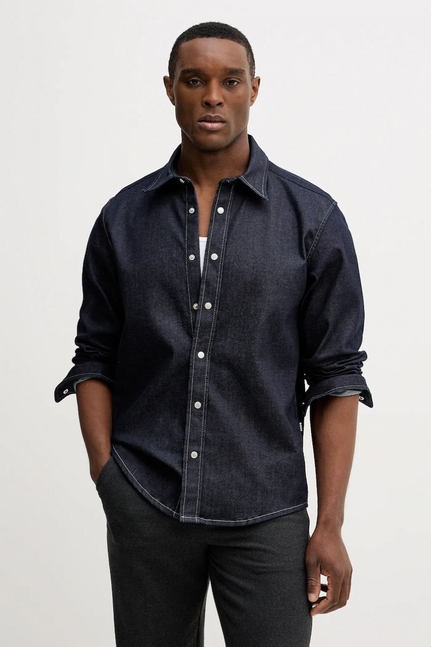 Rifľová košeľa BOSS H-LIAM tmavomodrá farba, regular, s klasickým golierom, 50556188