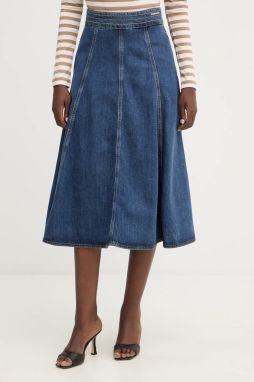 Rifľová sukňa Karl Lagerfeld FASHION DENIM tmavomodrá farba, midi, áčkový strih, B1W12014
