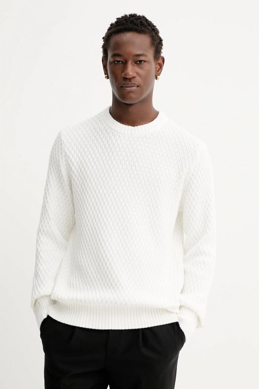 Bavlnený sveter HUGO Syer biela farba, 50546995