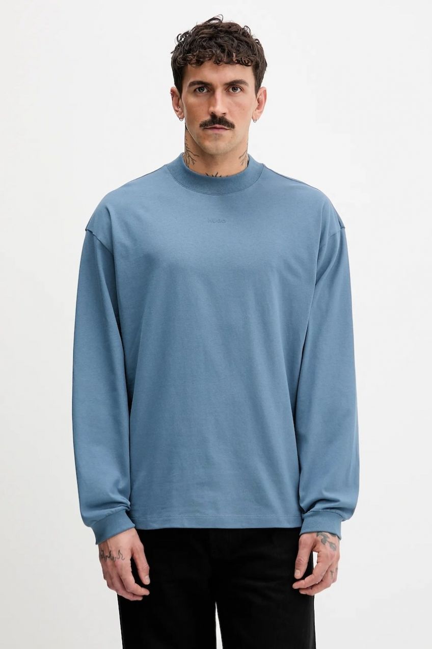 Bavlnené tričko s dlhým rukávom HUGO Daposo modrá farba, jednofarebné, 50511029