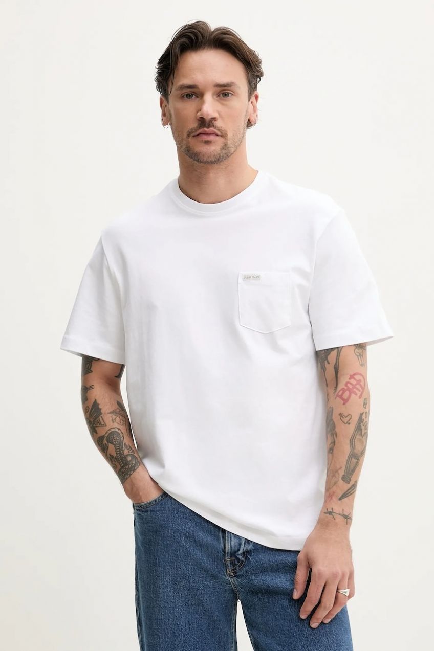 Bavlnené tričko Guess Jeans pánske, biela farba, jednofarebné, M5RI74 K8FQ4