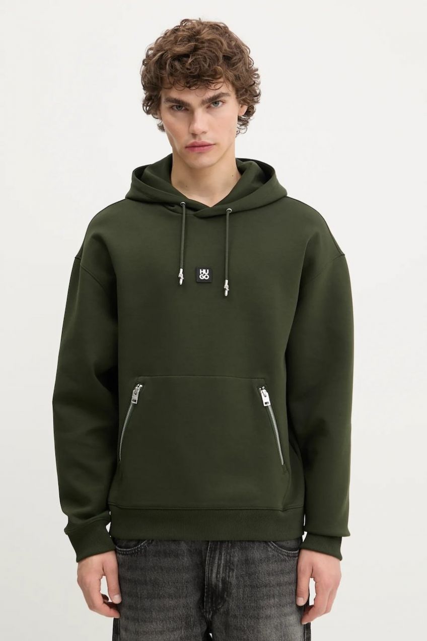 Mikina HUGO Dargenhood zelená farba, s kapucňou, s nášivkou, 50542583