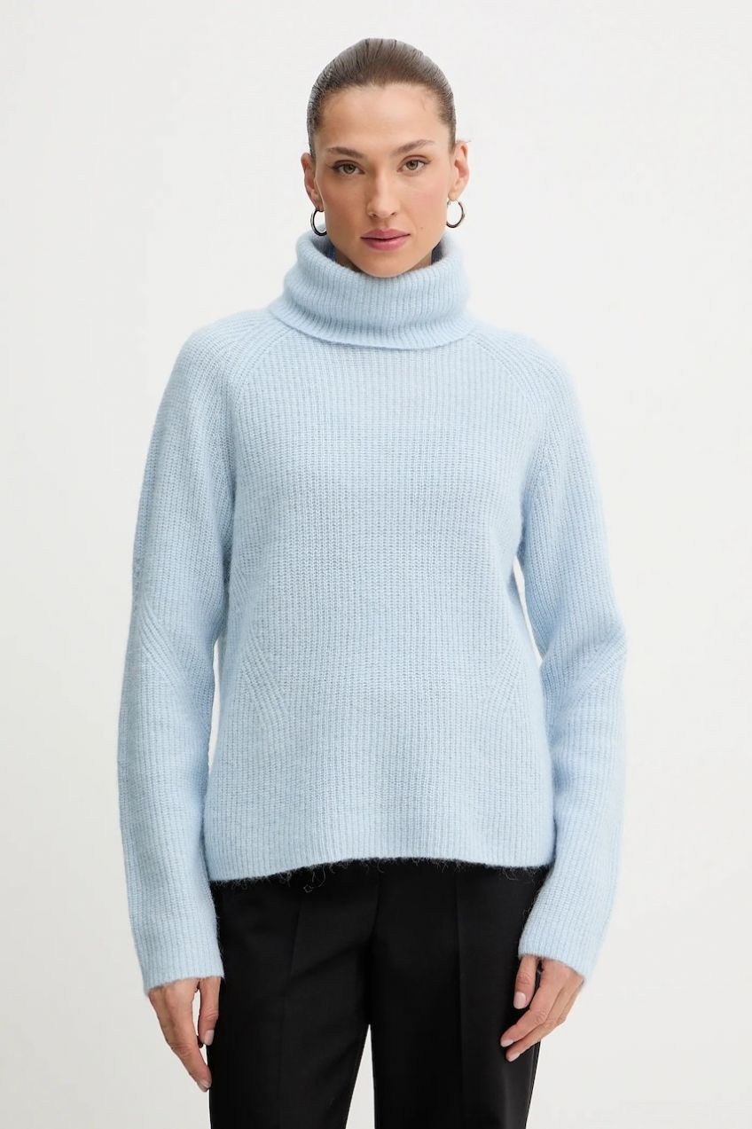 Sveter s prímesou vlny BOSS Orange C_Falodina modrá farba, ľahké, s rolákom, 50548937