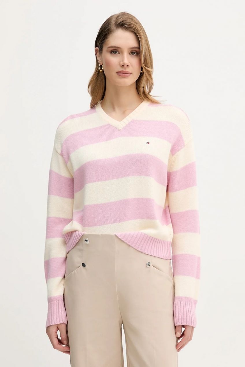 Sveter s prímesou kašmíru Tommy Hilfiger ružová farba, ľahké, WW0WW47655