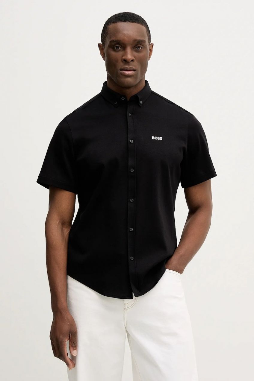 Bavlnená košeľa BOSS Green ST_Motion S čierna farba, regular, s golierom button-down, 50555951