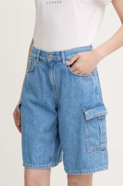 Rifľové krátke nohavice Pepe Jeans RELAXED SHORT HW WORKER dámske, hnedá farba, jednofarebné, vysoký pás, PL801136