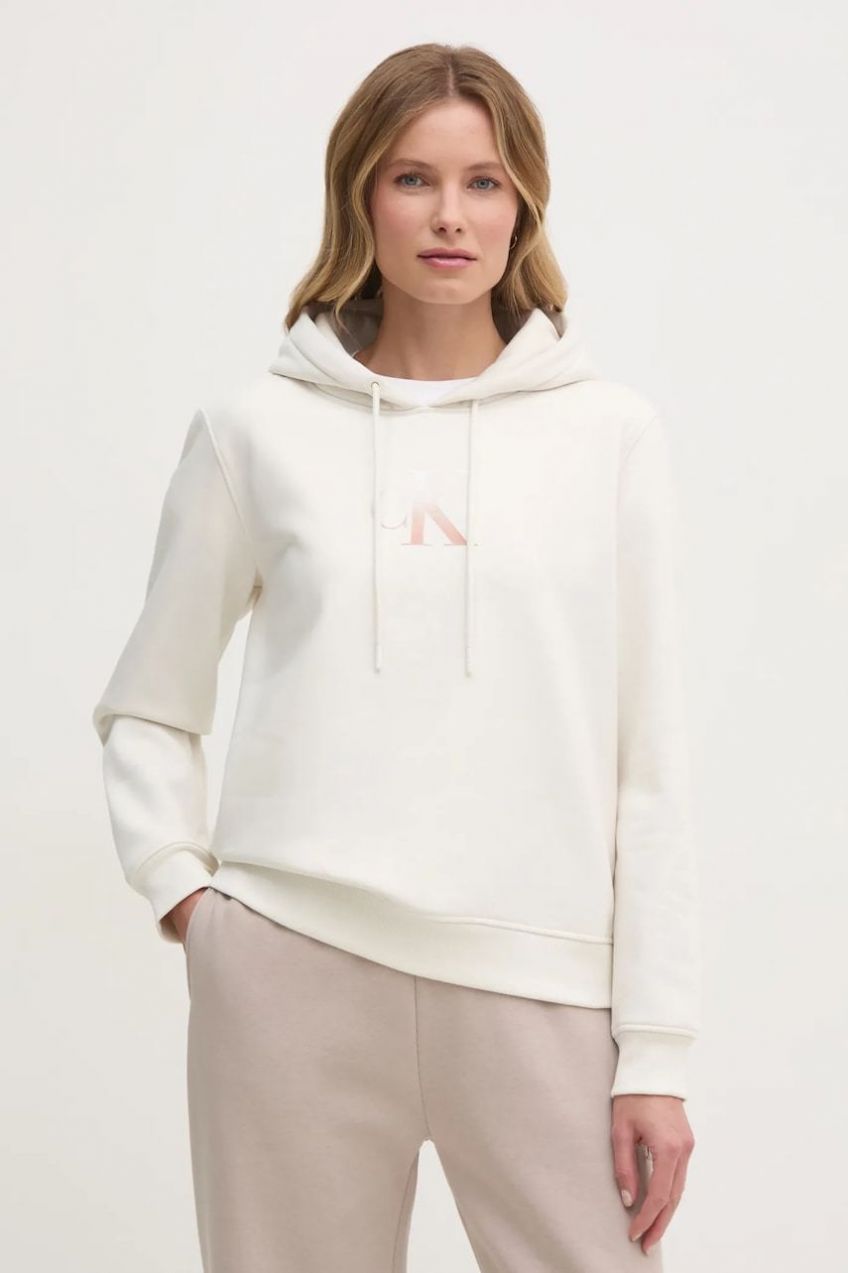 Mikina Calvin Klein Jeans dámska, béžová farba, s kapucňou, s potlačou, J20J224721