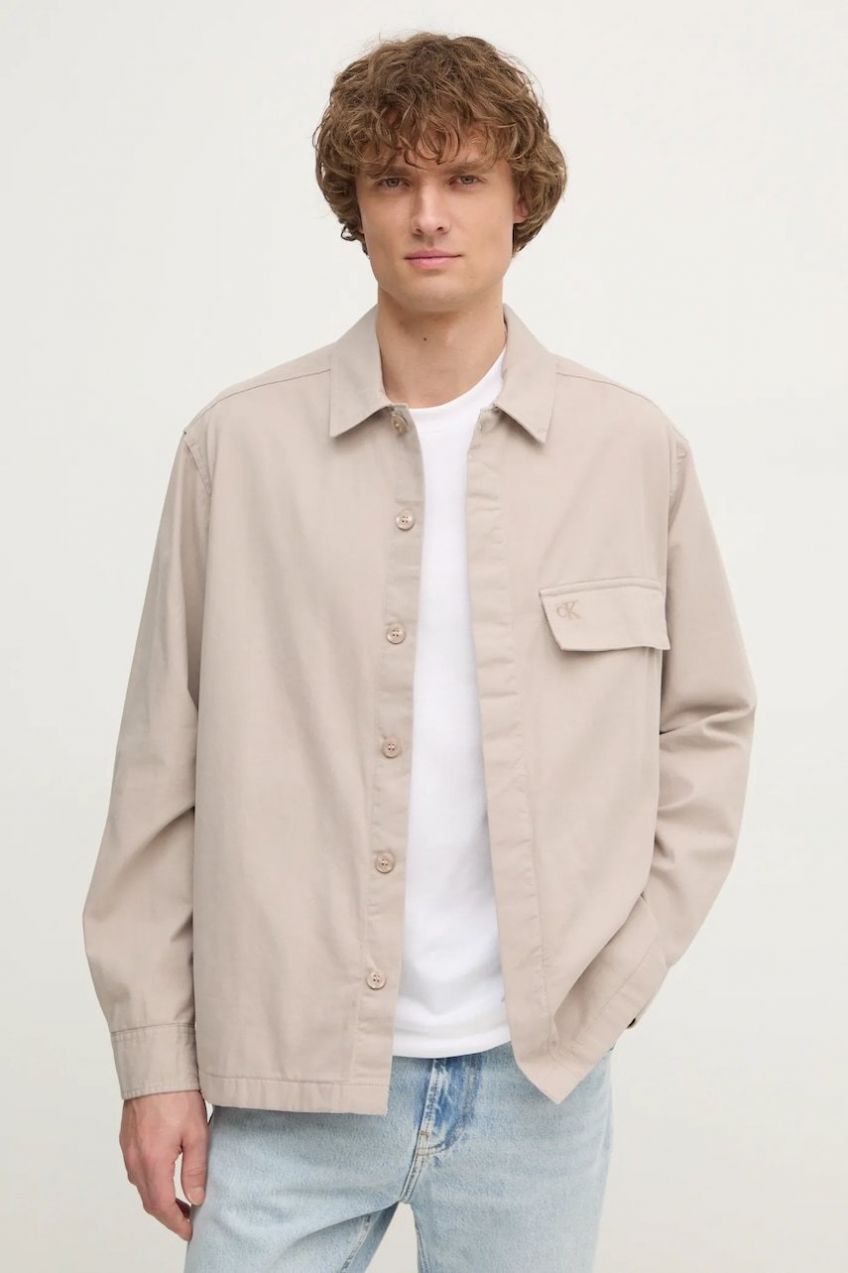 Bavlnená košeľa Calvin Klein Jeans pánska, béžová farba, regular, J30J326724