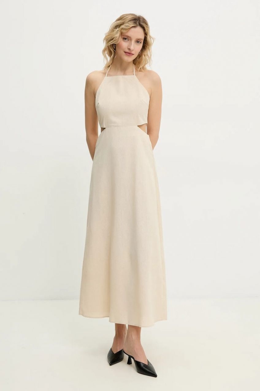 Šaty s prímesou ľanu Answear.LAB béžová farba, maxi, rovný strih