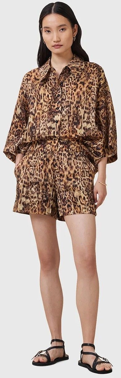 Šortky s prímesou hodvábu AllSaints CHARLI oranžová farba, vzorované, vysoký pás, W037TC