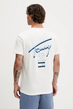 Bavlnené tričko Tommy Jeans pánske, biela farba, s potlačou, DM0DM21934