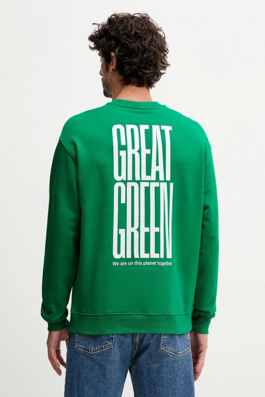 Bavlnená mikina United Colors of Benetton zelená farba, s potlačou, 3FWYU10AZ