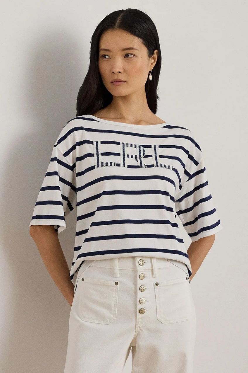 Bavlnené tričko Lauren Ralph Lauren dámske, tmavomodrá farba, 200P03752