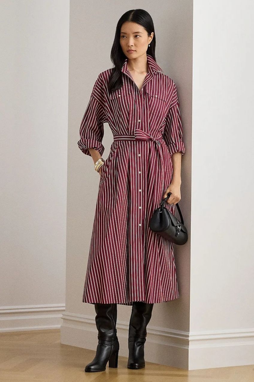 Bavlnené šaty Lauren Ralph Lauren bordová farba, midi, áčkový strih, 200P03516