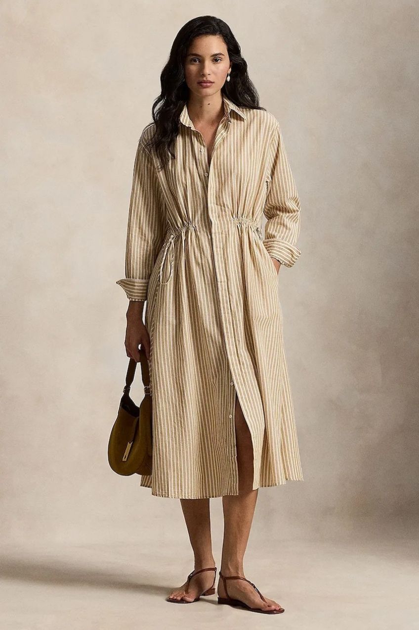 Šaty s prímesou ľanu Polo Ralph Lauren hnedá farba, midi, áčkový strih, 211A96364