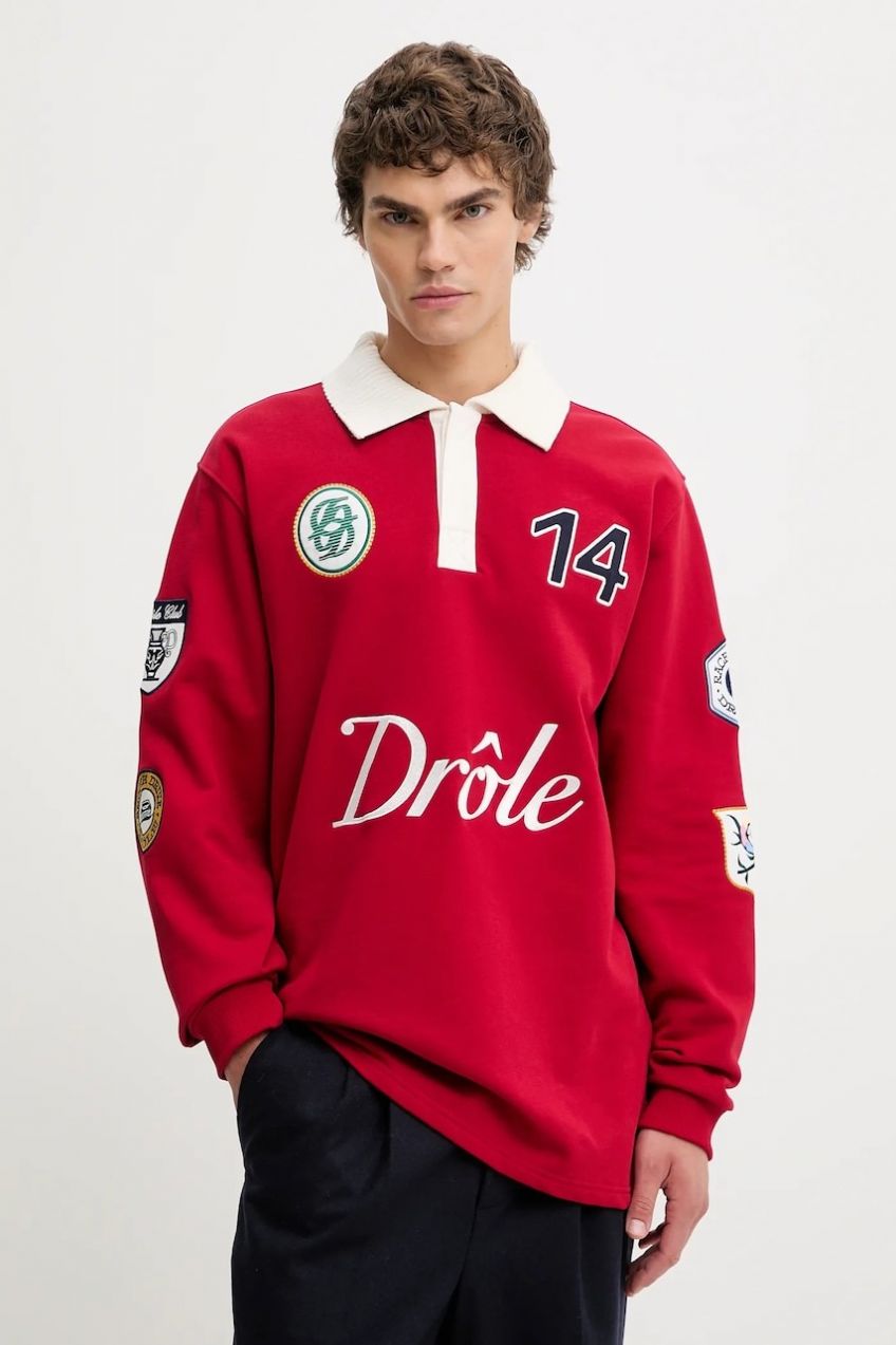 Bavlnené tričko s dlhým rukávom Drôle de Monsieur Le Polo Racing červená farba, s nášivkou, I.PL158.CO127