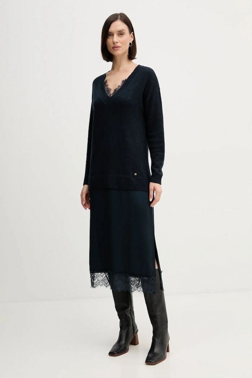 Šaty s prímesou vlny Pedro del Hierro tmavomodrá farba, midi, rovný strih, 6192942