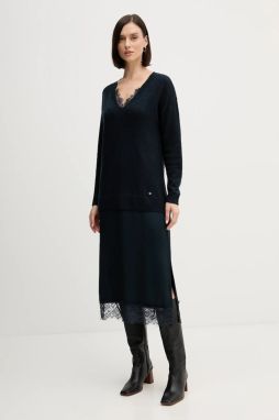 Šaty s prímesou vlny Pedro del Hierro tmavomodrá farba, midi, rovný strih, 6192942