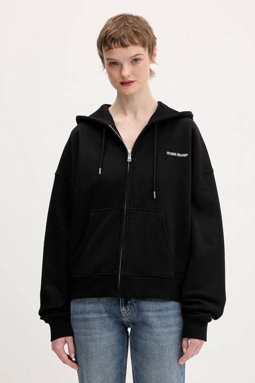 Bavlnená mikina Guess Jeans čierna farba, s kapucňou, jednofarebná, W6RQ32 K68I4