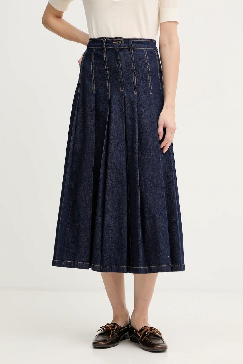 Rifľová sukňa Weekend Max Mara OVALE tmavomodrá farba, midi, áčkový strih, 2615101071600