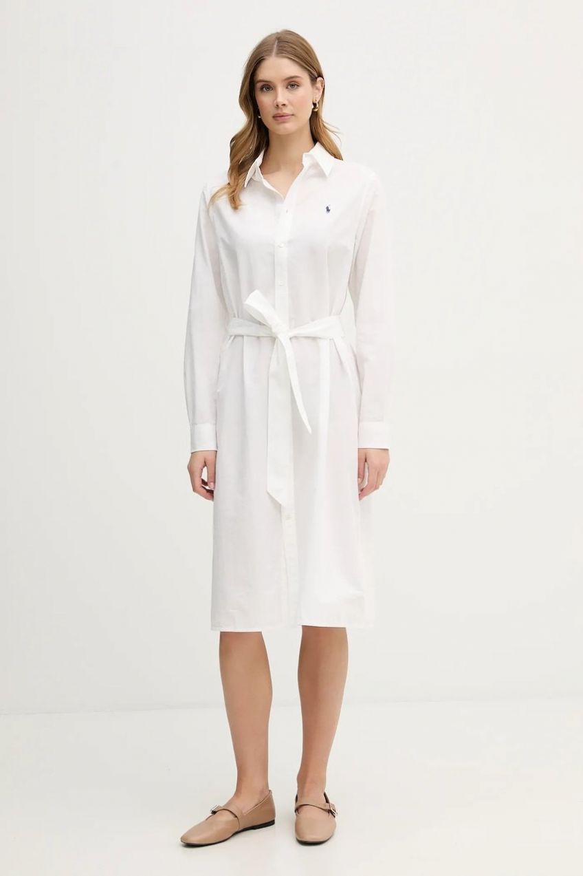 Šaty s prímesou ľanu Polo Ralph Lauren béžová farba, midi, rovný strih, 211B18781