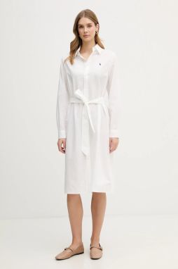 Šaty s prímesou ľanu Polo Ralph Lauren béžová farba, midi, rovný strih, 211B18781