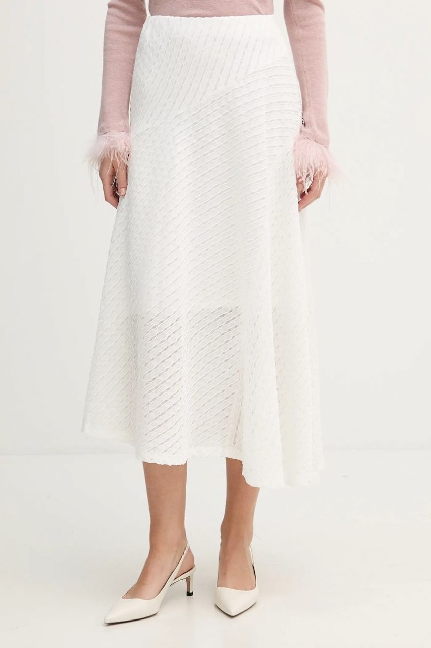 Sukňa Dkny béžová farba, midi, áčkový strih, P5JGTDPK