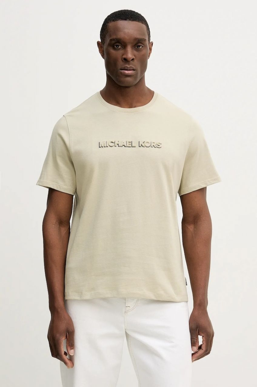Bavlnené tričko Michael Kors pánske, béžová farba, s nášivkou, CF552SJ1V2