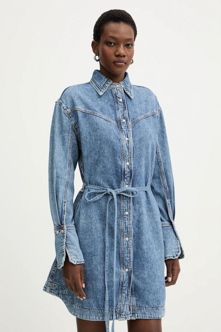 Rifľové šaty BOSS Orange C SHIRTDRESS modrá farba, mini, rovný strih, 50557046