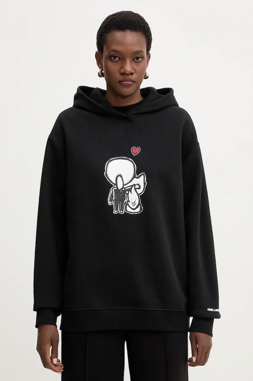 Bavlnená mikina Karl Lagerfeld IKON čierna farba, s kapucňou, vzorovaná, B1W20030