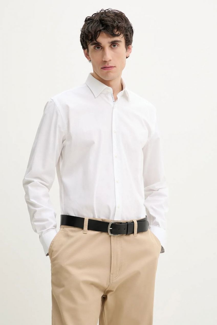Bavlnená košeľa HUGO pánska, biela farba, slim, s klasickým golierom, 50539808