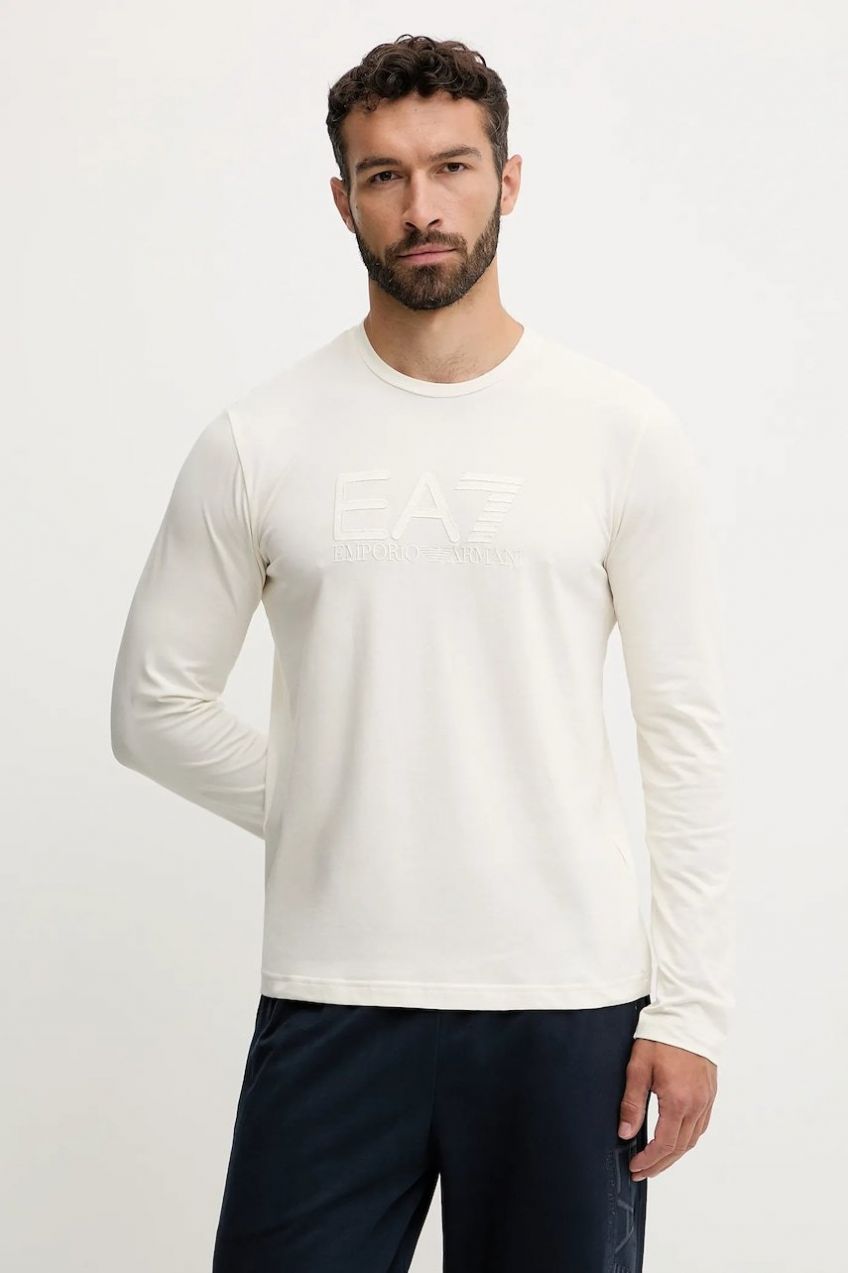 Tričko s dlhým rukávom EA7 Emporio Armani béžová farba, s nášivkou, AF10373.7M000900