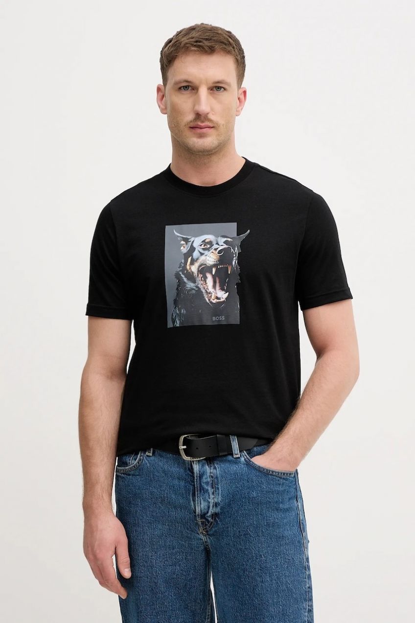 Bavlnené tričko BOSS Orange Te_Dobermann pánske, čierna farba, s potlačou, 50558965
