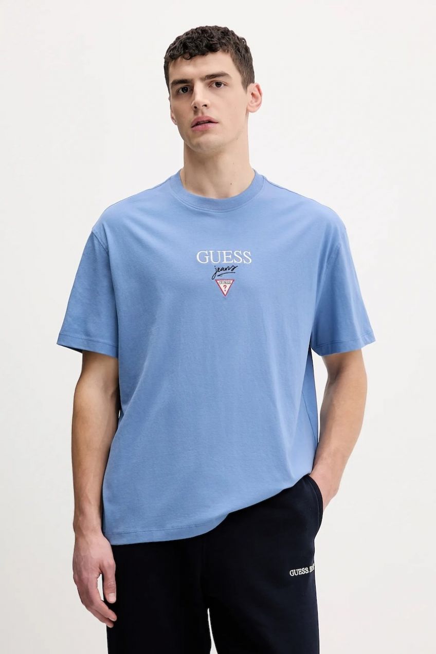 Bavlnené tričko Guess Jeans pánske, modrá farba, s potlačou, M6RI45 K8HM0