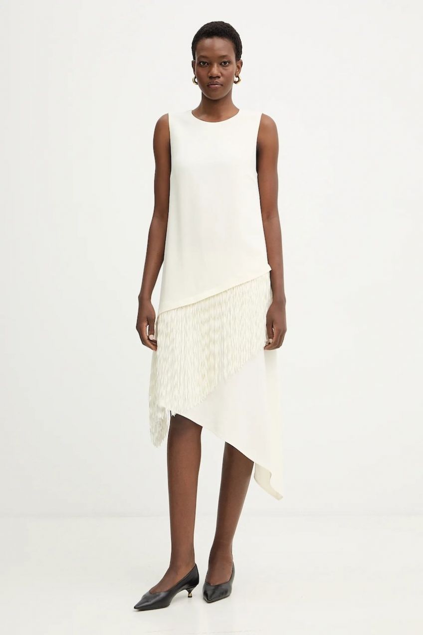 Šaty BOSS Dadiva béžová farba, midi, áčkový strih, 50555052