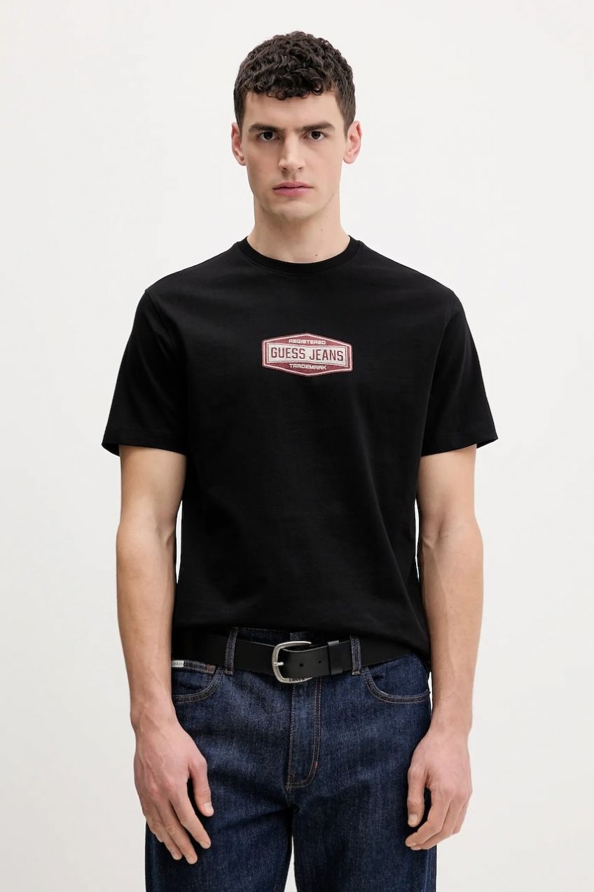 Bavlnené tričko Guess Jeans pánske, čierna farba, s potlačou, M6RI41 K8FQ4