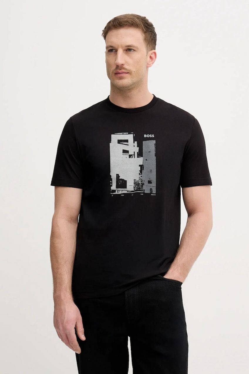 Bavlnené tričko BOSS Orange Te_Imprint pánske, čierna farba, s potlačou, 50556007